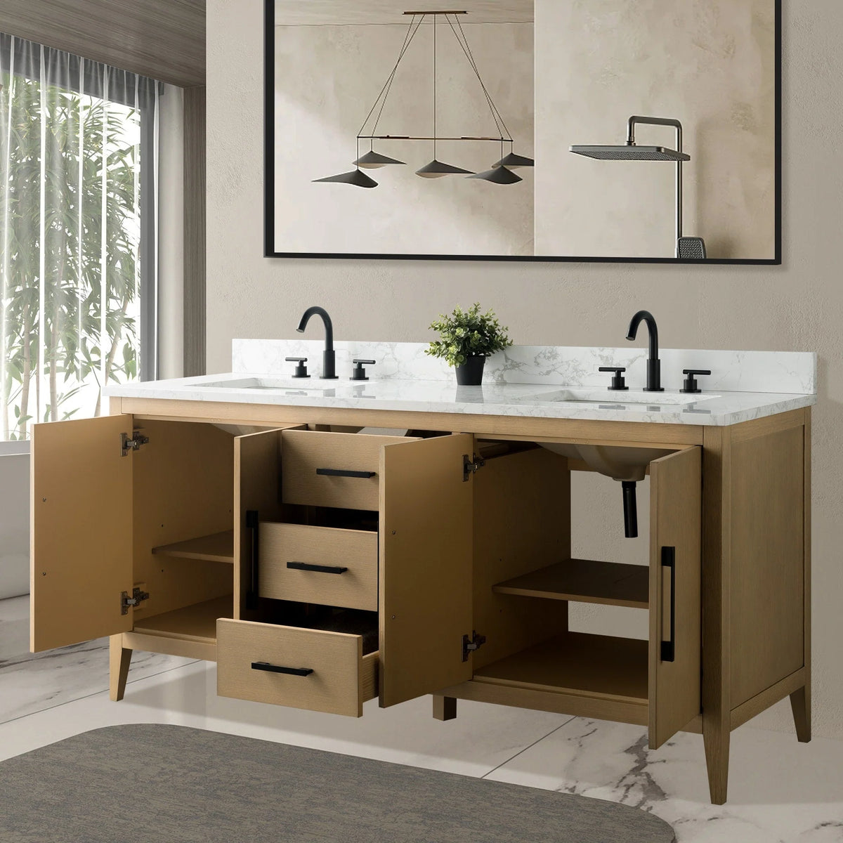 Mobile lavabo doppio Vanity Art 72 per bagno, con top in marmo tecnico