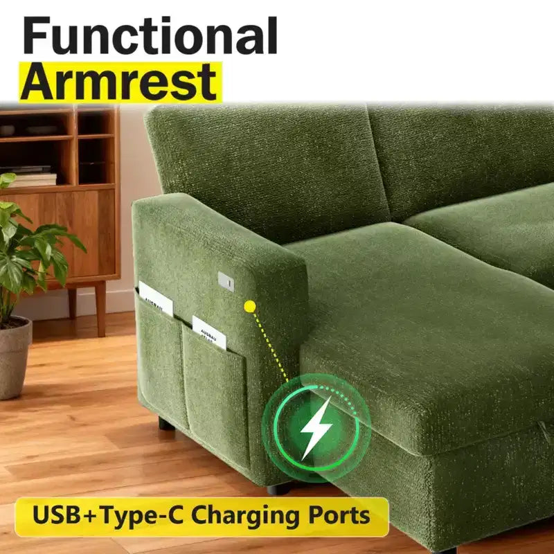 Divano letto estraibile 2 in 1 con chaise longue contenitore, divano sezionale in ciniglia con porte USB per soggiorno