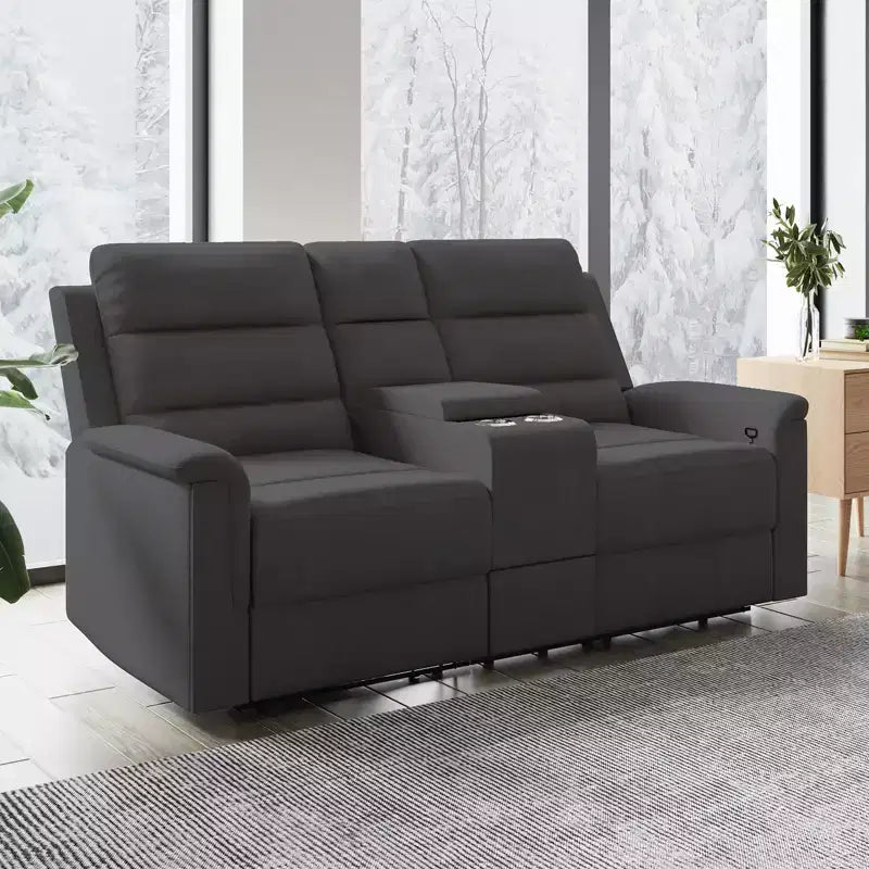 Divano a 2 posti reclinabile in tessuto tecnico beige/grigio con schienale e poggiapiedi regolabili
