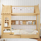Letto a capanna con cassetti contenitori e finestra, struttura in legno massello con mensole, design giocoso infantile, bianco chiaro