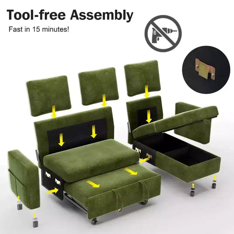 Divano letto estraibile 2 in 1 con chaise longue contenitore, divano sezionale in ciniglia con porte USB per soggiorno