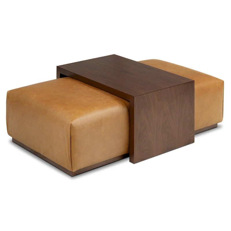 Poly & Bark Pouf Jarmo con Tavolino Regolabile in Noce - Vera Pelle Italiana Pieno Fiore