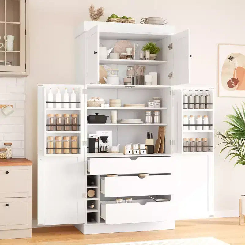 Dispensa da cucina indipendente 77H, armadio contenitore in stile rustico con ripiani regolabili, ripiani sulla porta, cassetti e portabottiglie - ModernLuxe