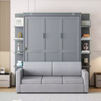 Letto a scomparsa Queen Murphy con divano, letto a scomparsa Queen Size con armadio, letto a parete pieghevole con libreria e mensole per camera degli ospiti o ufficio