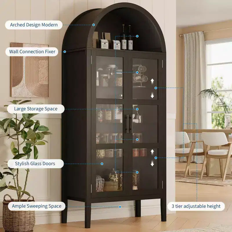 Mobiletto contenitore, Nero/Bianco, Stile ad arco, Singolo, Alto 71 con Luci LED e Ante in Vetro