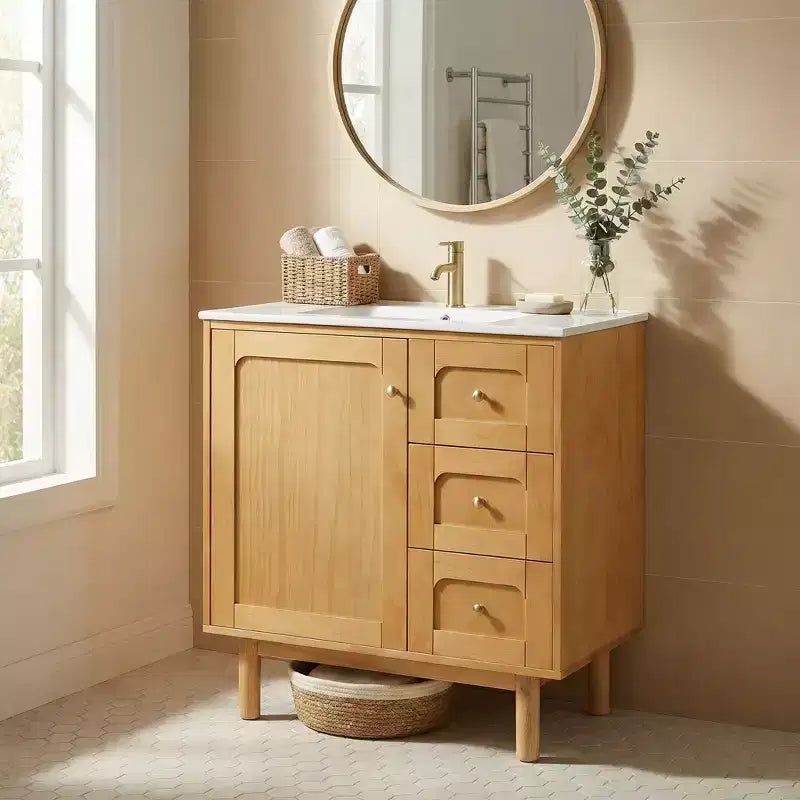 JVNOXK Mobile Lavabo in Ceramica Rustico Moderno da 30 pollici con 3 Cassetti e 1 Anta Grande a Chiusura Ammortizzata, Mobile Contenitore, Venatura del Legno Naturale