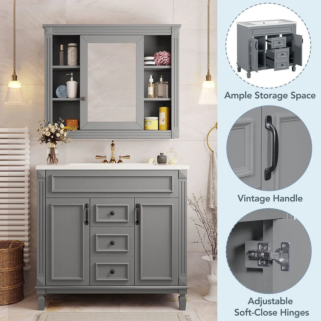 Mobile bagno moderno da 90 cm con lavabo integrato e specchiera, 2 ante e 2 cassetti