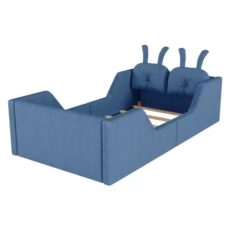 Letto a piattaforma Whisen Twin, struttura letto imbottita per bambini con cuscino a coniglio, sponde laterali rimovibili
