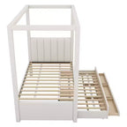 Letto a baldacchino in tessuto di lino full size con letto estraibile e tre cassetti portaoggetti