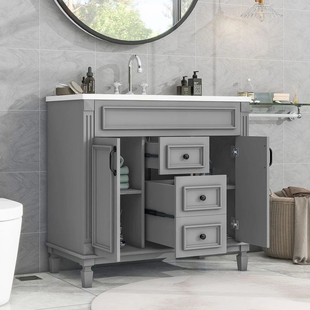 Mobile bagno moderno da 90 cm con lavabo integrato e specchiera, 2 ante e 2 cassetti