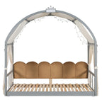 Letto a piattaforma in legno massiccio a forma di casetta, letto Montessori a terra con tetto ad arco e letto estraibile per bambine e bambini