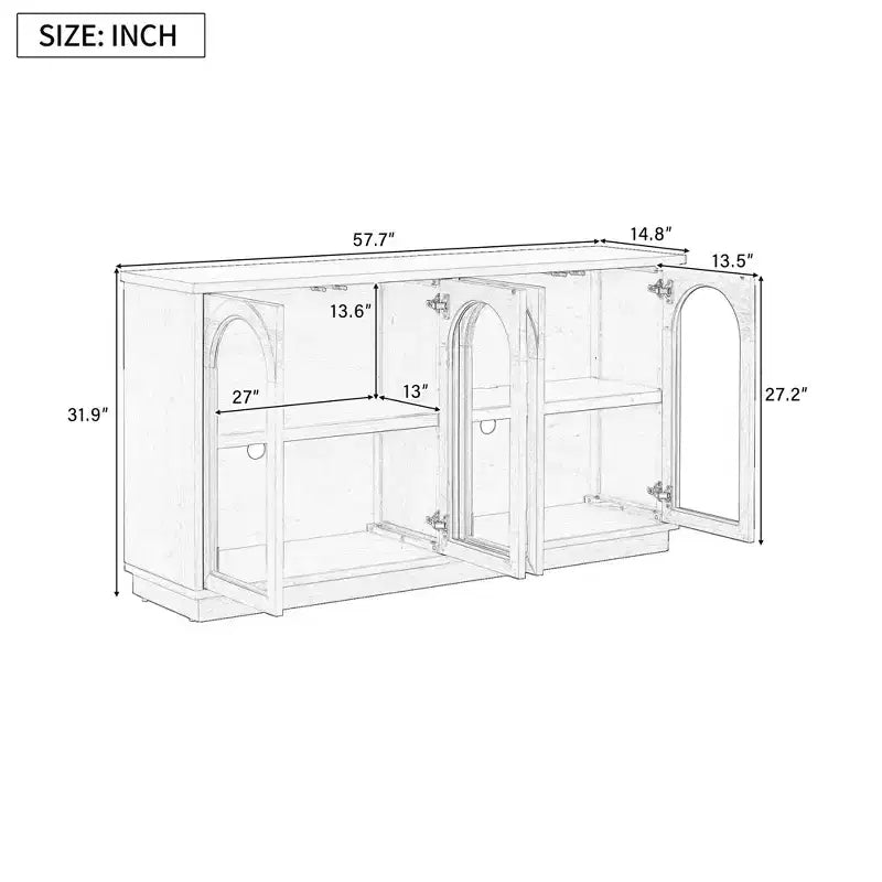 Mobile buffet a 4 ante con ampi spazi e ante in vetro, armadio ad arco con ripiani regolabili per la cucina