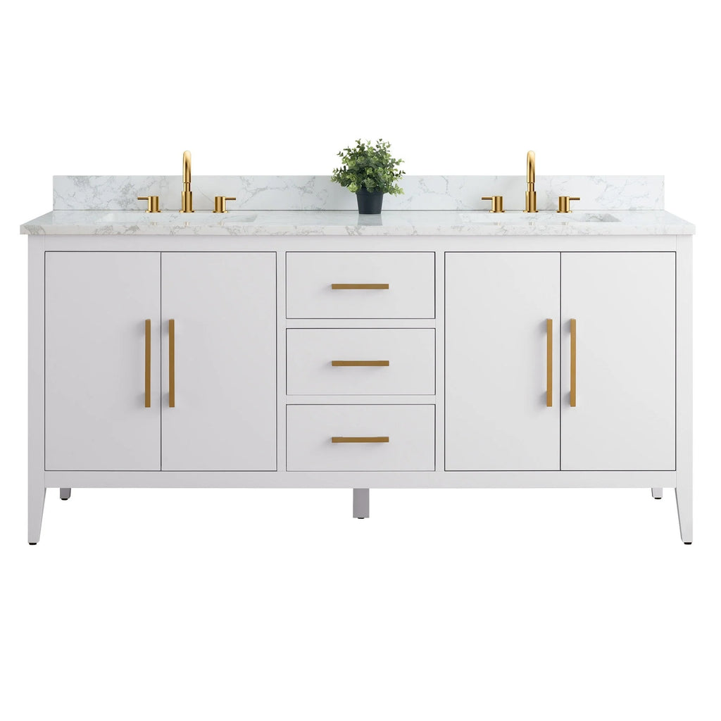 Mobile lavabo doppio Vanity Art 72 per bagno, con top in marmo tecnico