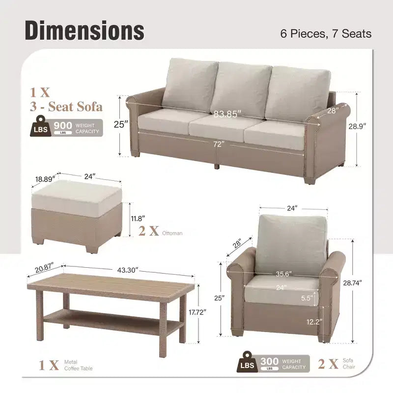 Captiva Designs Set Divano da Giardino di Lusso in Rattan a 6 Pezzi con Braccioli Curvi e Cuscini