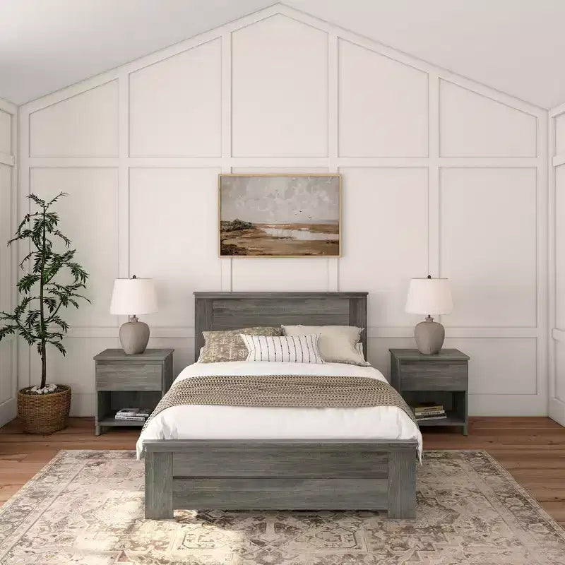 Plank+Beam Letto a piattaforma matrimoniale in legno massello con testiera stile rustico