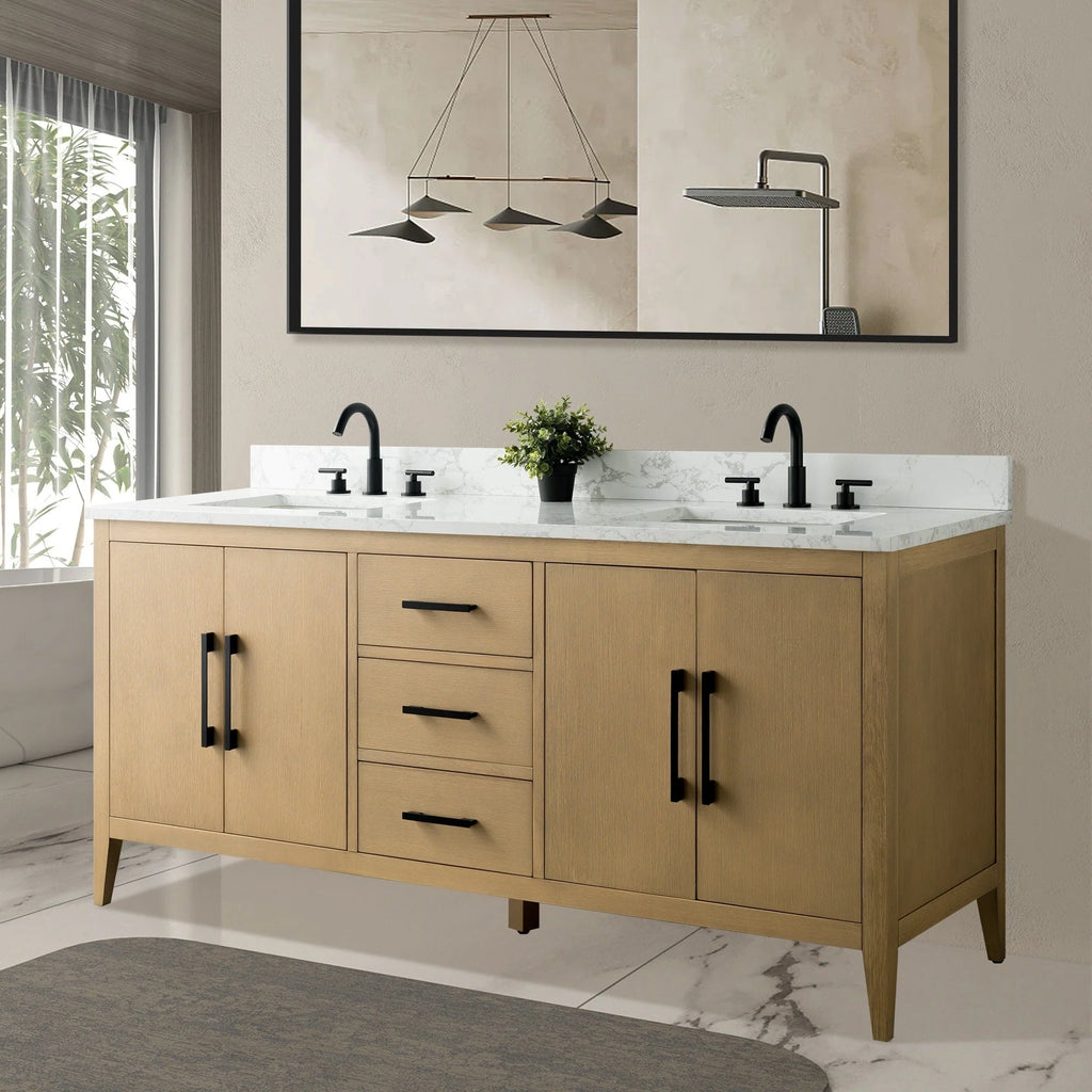 Mobile lavabo doppio Vanity Art 72 per bagno, con top in marmo tecnico