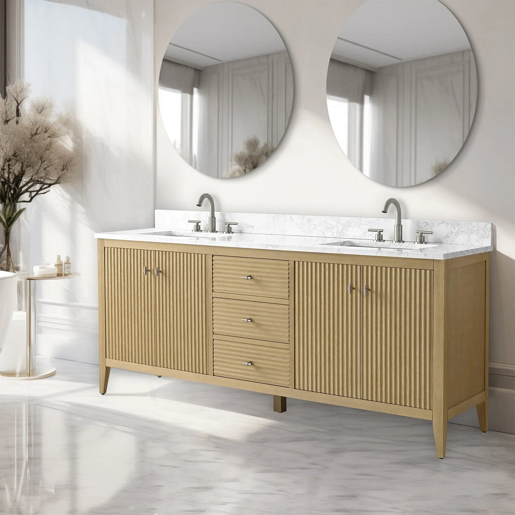 Mobile lavabo doppio Vanity Art 72 per bagno, con top in marmo tecnico