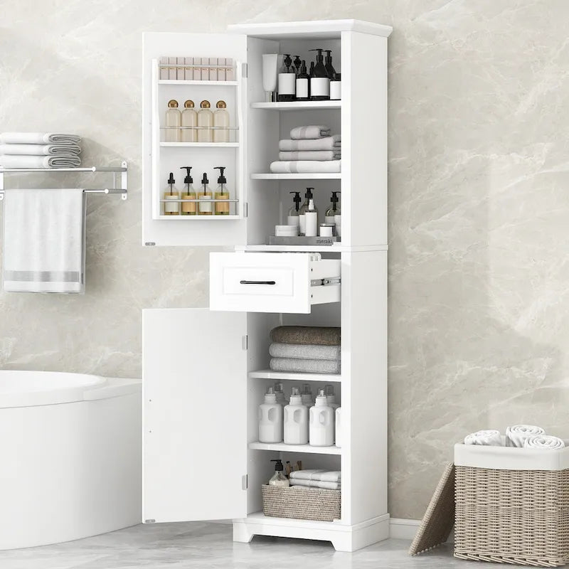 Mobile bagno da terra con 2 ante, ripiani regolabili e scomparti sulla porta, organizer alto per bagno