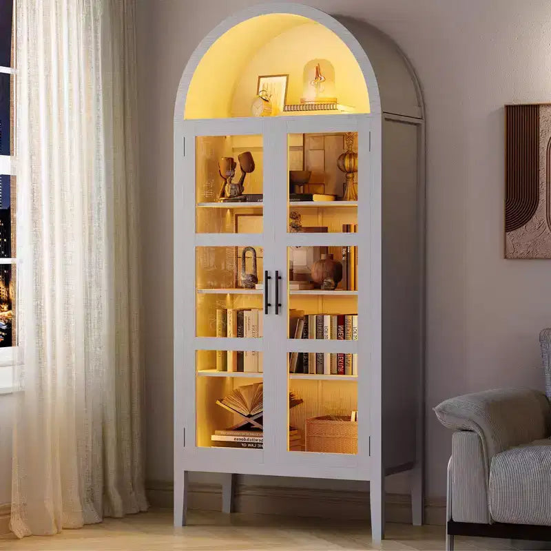 Mobiletto contenitore, Nero/Bianco, Stile ad arco, Singolo, Alto 71 con Luci LED e Ante in Vetro