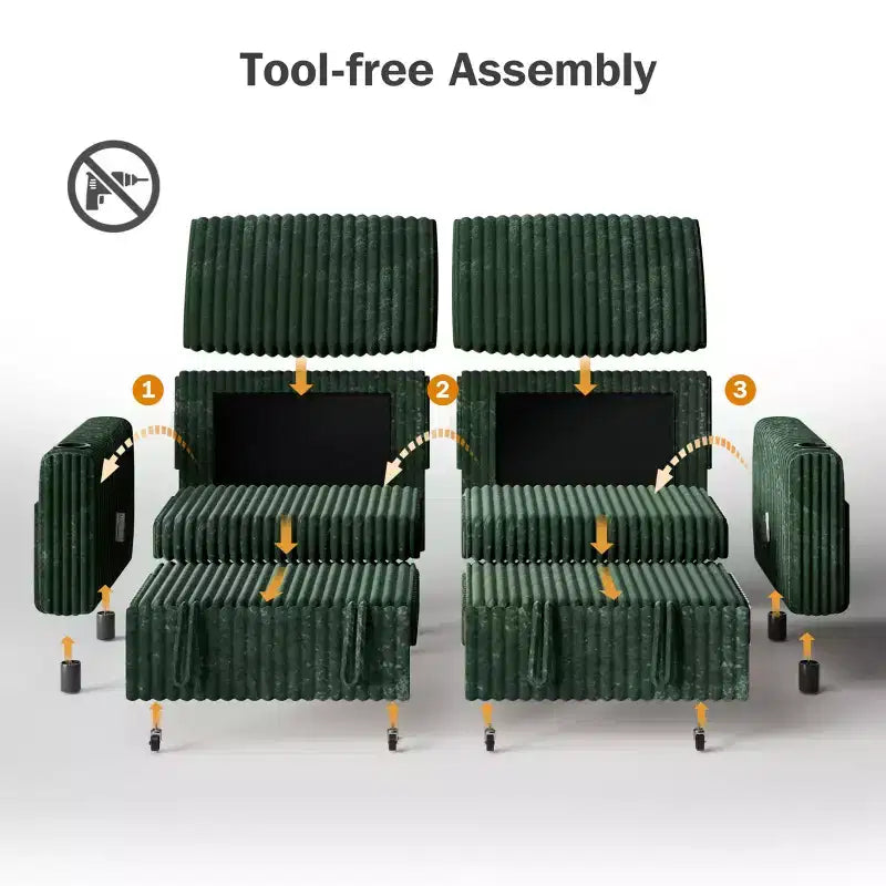 Divano letto componibile Dyonery 91 con letto estraibile, schienale reclinabile/due letti estraibili/porte USB/portabicchieri, velluto a coste felpato
