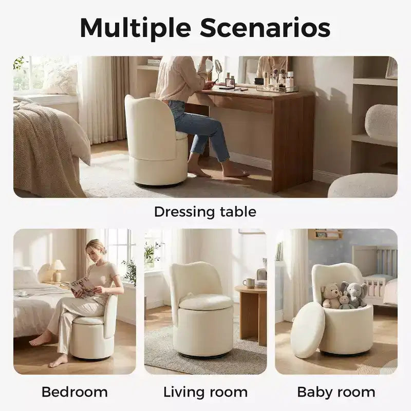Sedia da toilette girevole con contenitore, Sgabello da trucco rotondo imbottito con schienale, Poltroncina a botte imbottita per camera da letto e soggiorno