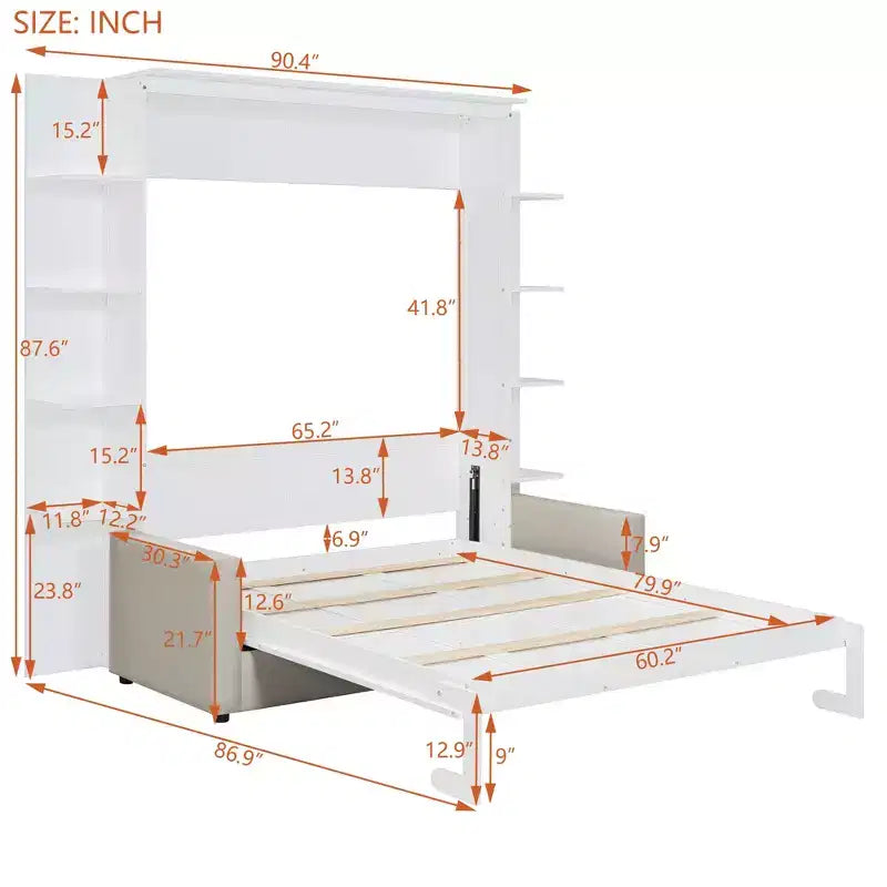 Letto a scomparsa Whisen Modern Design con struttura in legno, Queen Size, con divano e mensole