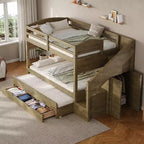 Whisen Letto a castello Twin XL con rotelle estraibili, letto a castello con contenitore, letto a castello in legno massello, scala con contenitore, armadio, 3 cassetti, per bambini