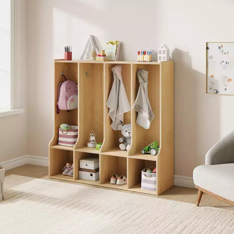 Armadietto a 4 scomparti marrone/bianco con 8 ganci, per bambini
