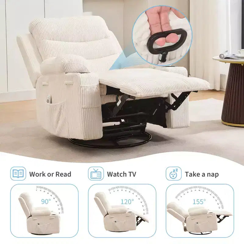 Poltrona Reclinabile Girevole a Dondolo con Massaggio e Riscaldamento, Girevole a 360° con Portabicchieri e Tasche Laterali, Divano Ergonomico per Soggiorno, Camper, Cameretta