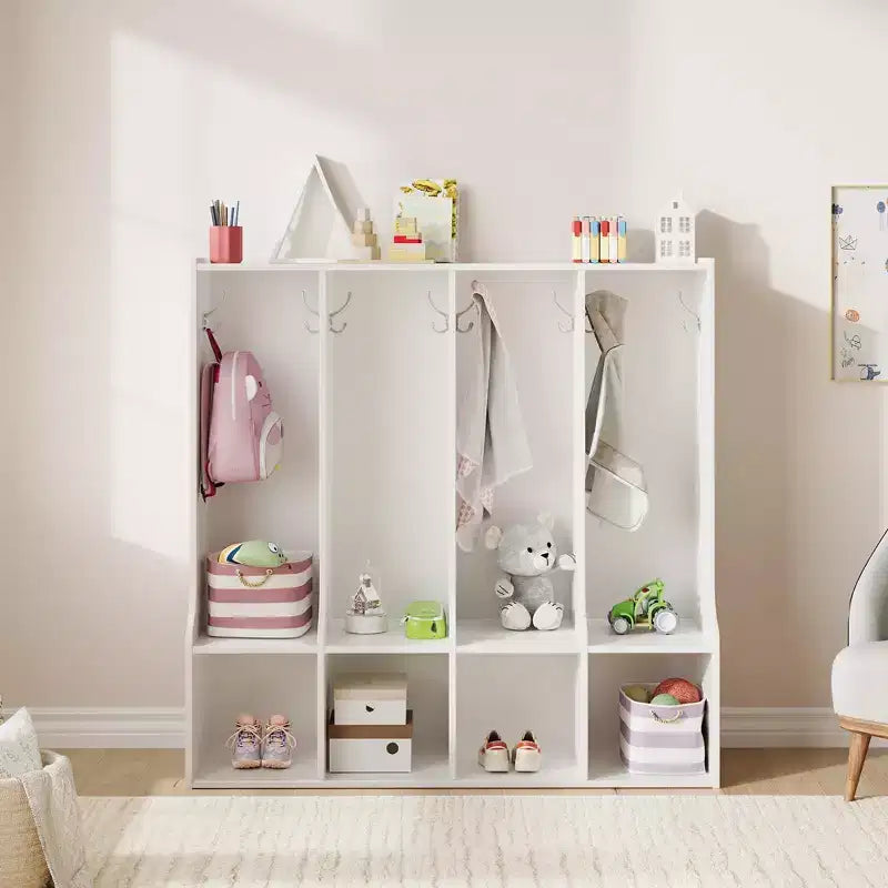 Armadietto a 4 scomparti marrone/bianco con 8 ganci, per bambini