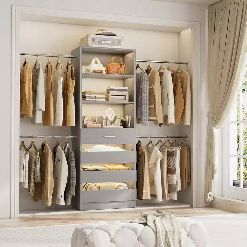Besiost Sistema Organizer per Armadio in Legno 4-9 piedi con 4 Cassetti, 4 Aste Appendiabiti e Torri Scaffale