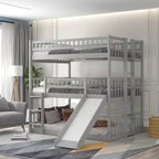 Letto a castello triplo Full Over Full con scaletta convertibile e scivolo, letto triplo con ringhiere di protezione, bianco/grigio/espresso - ModernLuxe