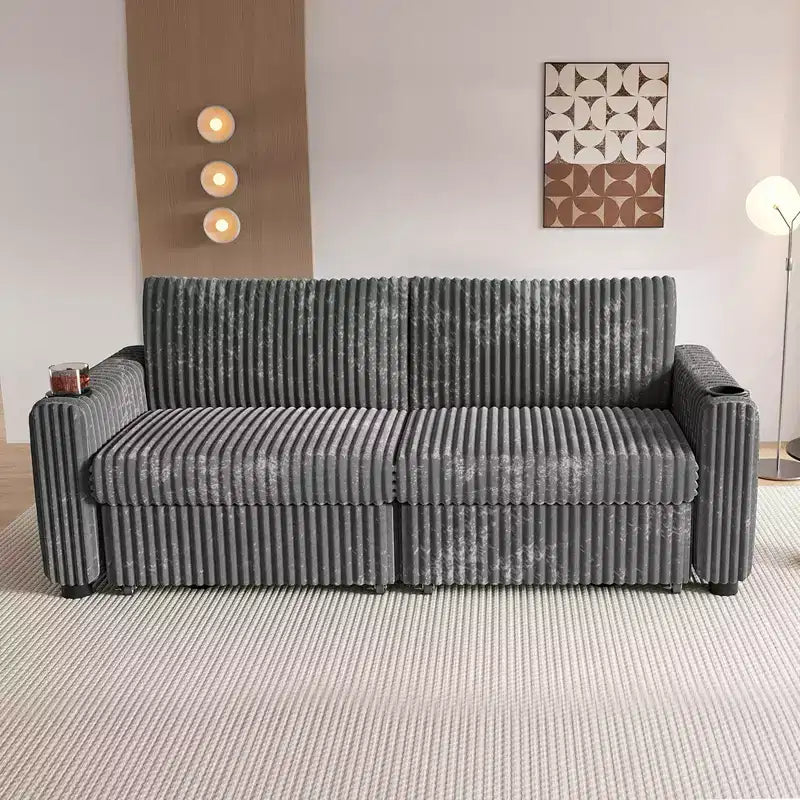 Divano letto componibile Dyonery 91 con letto estraibile, schienale reclinabile/due letti estraibili/porte USB/portabicchieri, velluto a coste felpato
