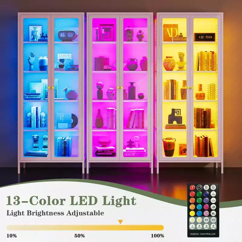 Bekrvio 67H Vetrina in Vetro a 3 Lati con Luci a LED, Mobile Contenitore a 5 Livelli con Doppie Ante e Cornice Metallica per Oggetti da Collezione, Ideale per Spazi Piccoli