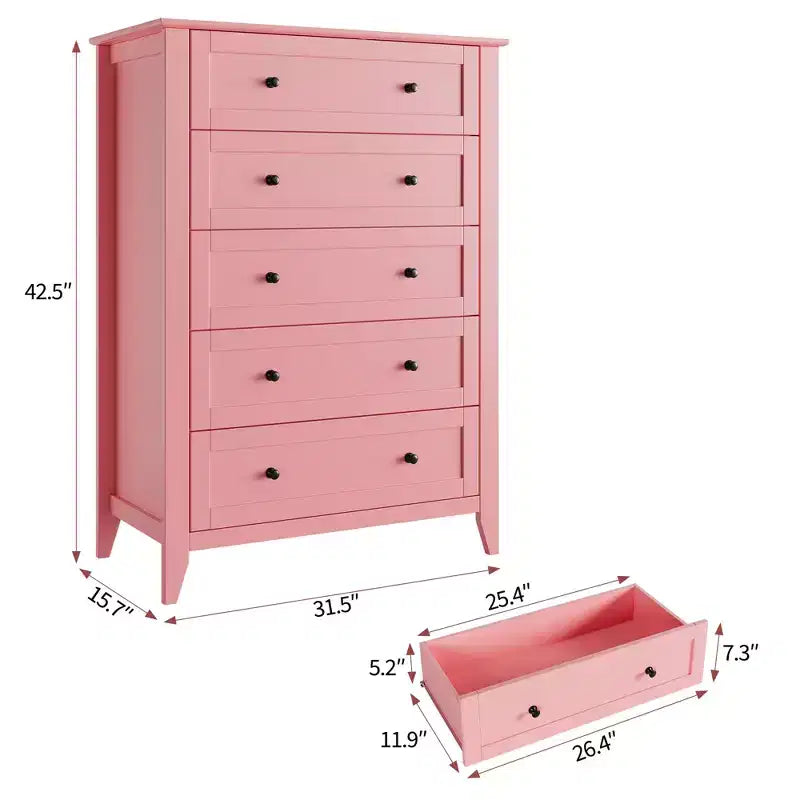 Cassettiera a 5 cassetti alta 108 cm per camera da letto, armadietto in legno con cassetti profondi 30 cm e pomelli in metallo dorato, ideale per ingresso o corridoio