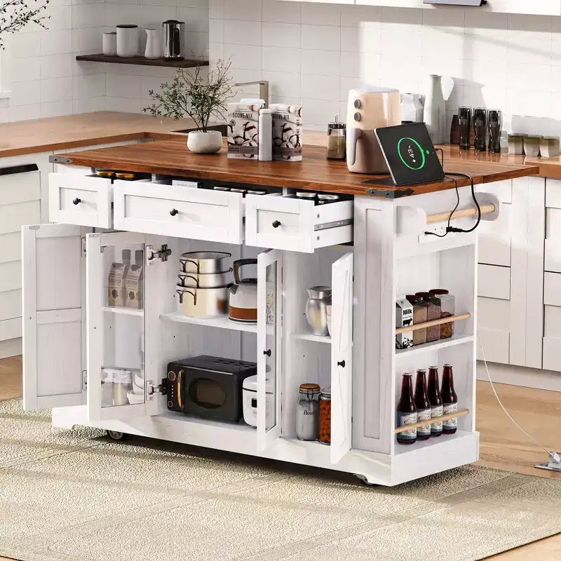 Carrello da Cucina con Ante in Vetro Temperato, Ripiani Laterali, Presa di Corrente e Piano Ribaltabile