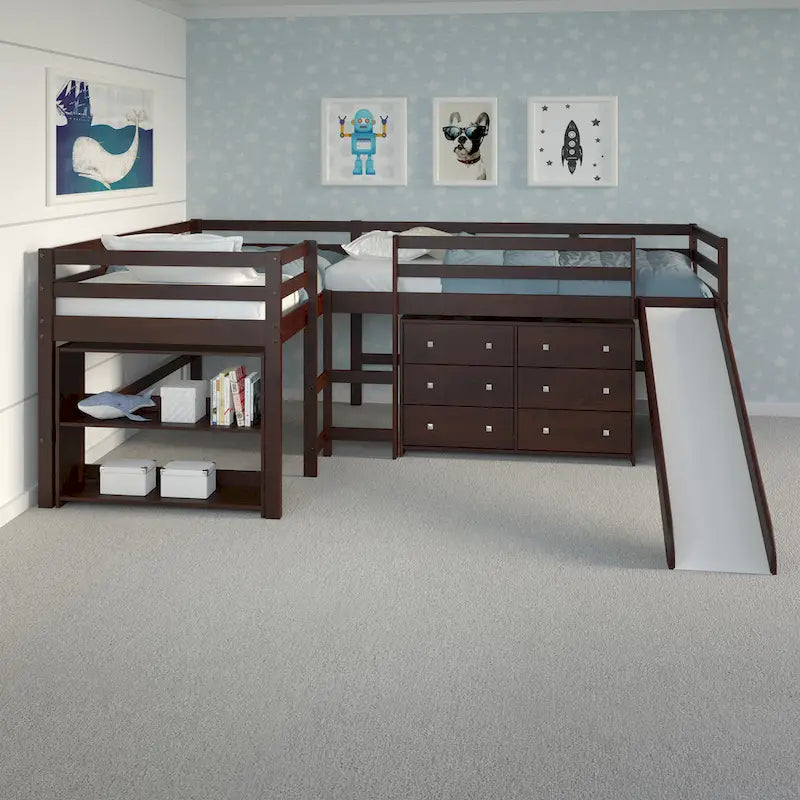 Letto a soppalco con scivolo a elle doppio e doppio in stile Dark Cappuccino