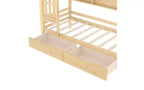 Letto a capanna con cassetti contenitori e finestra, struttura in legno massello con mensole, design giocoso infantile, bianco chiaro
