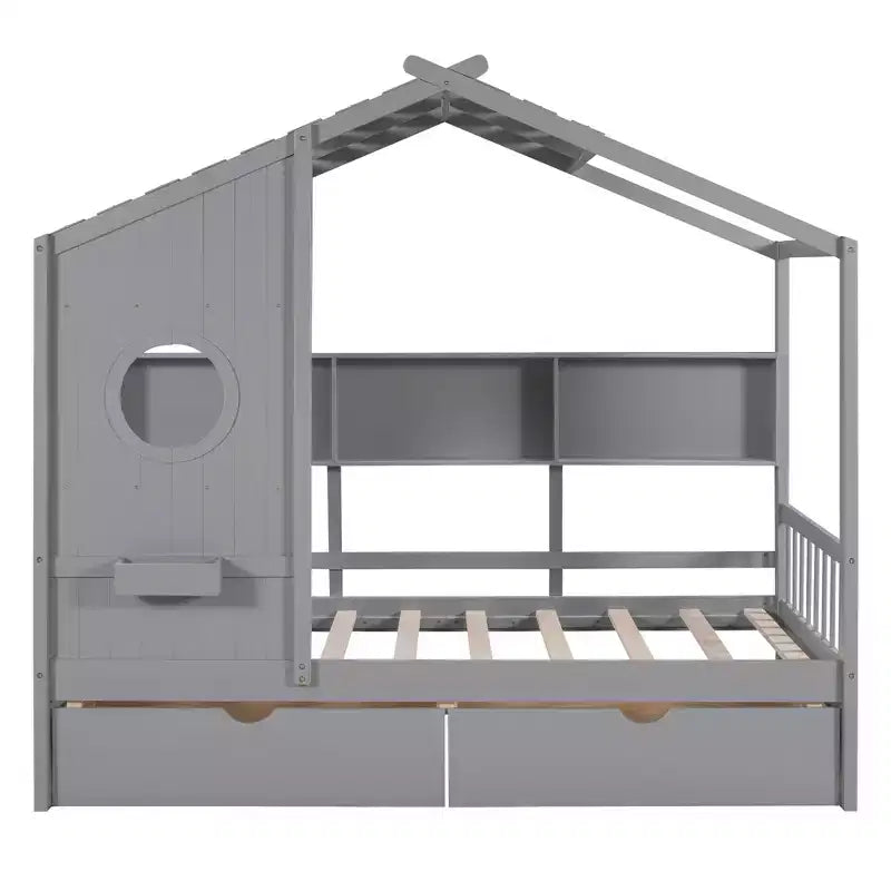 Letto in legno a forma di casa Twin/Full Size con 2 cassetti, letto per bambini con scaffale portaoggetti - ModernLuxe