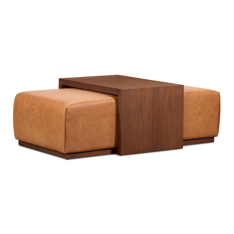 Poly & Bark Pouf Jarmo con Tavolino Regolabile in Noce - Vera Pelle Italiana Pieno Fiore