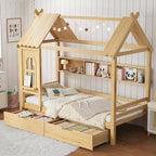 Letto a capanna con cassetti contenitori e finestra, struttura in legno massello con mensole, design giocoso infantile, bianco chiaro