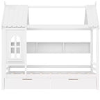 Letto a capanna con cassetti contenitori e finestra, struttura in legno massello con mensole, design giocoso infantile, bianco chiaro