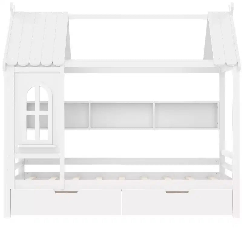 Letto a capanna con cassetti contenitori e finestra, struttura in legno massello con mensole, design giocoso infantile, bianco chiaro