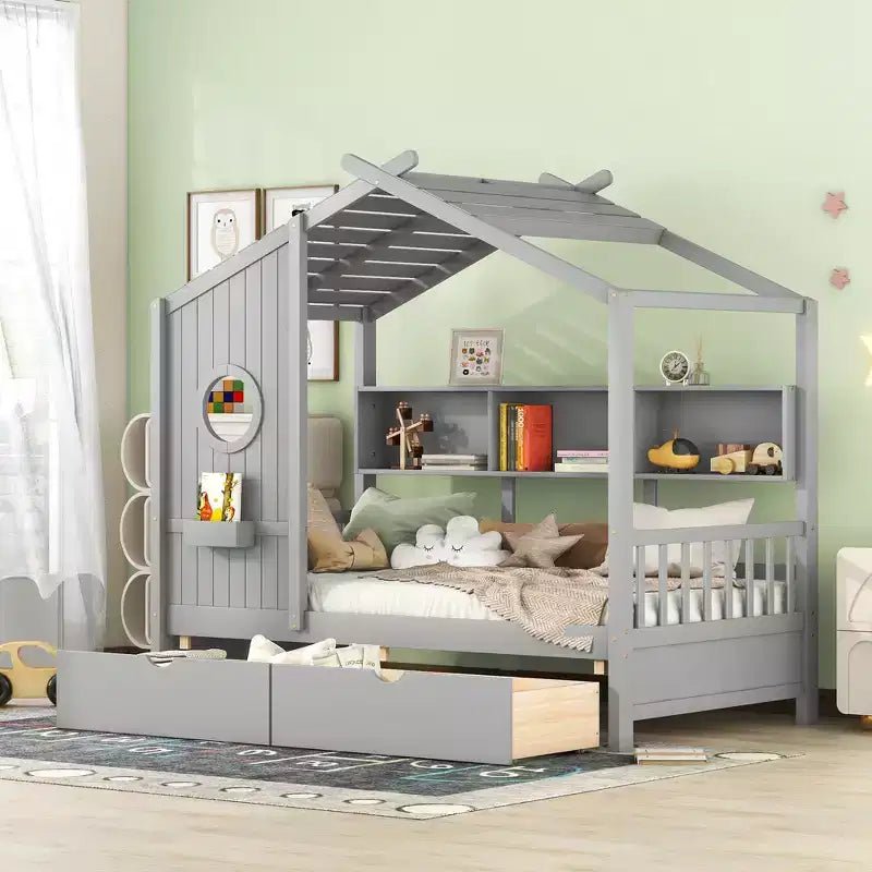 Letto in legno a forma di casa Twin/Full Size con 2 cassetti, letto per bambini con scaffale portaoggetti - ModernLuxe