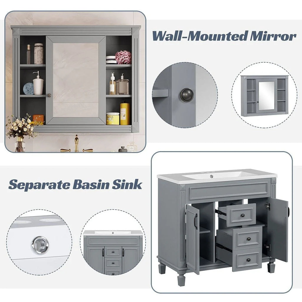 Mobile bagno moderno da 90 cm con lavabo integrato e specchiera, 2 ante e 2 cassetti