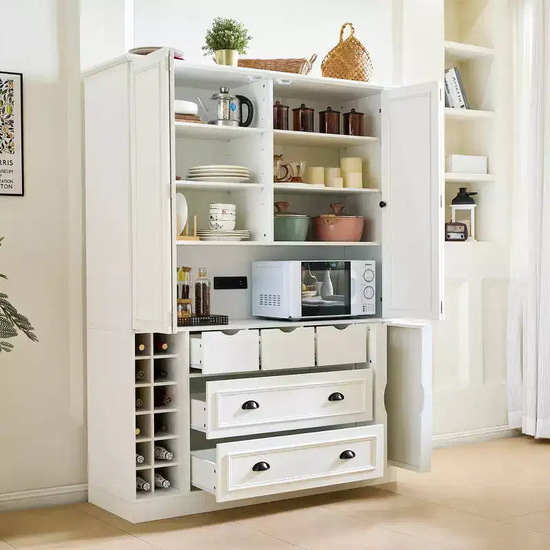 Whisen Armadio Dispensa per Cucina Autoportante Alto 180 cm, Grande Credenza Contenitore per Sala da Pranzo con 4 Ante Pieghevoli, Ripiani, Portabottiglie