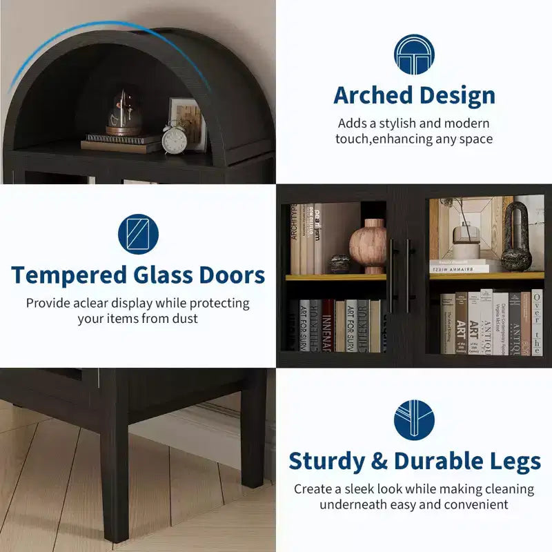 Mobiletto contenitore, Nero/Bianco, Stile ad arco, Singolo, Alto 71 con Luci LED e Ante in Vetro