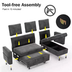 Divano letto estraibile 2 in 1 con chaise longue contenitore, divano sezionale in ciniglia con porte USB per soggiorno
