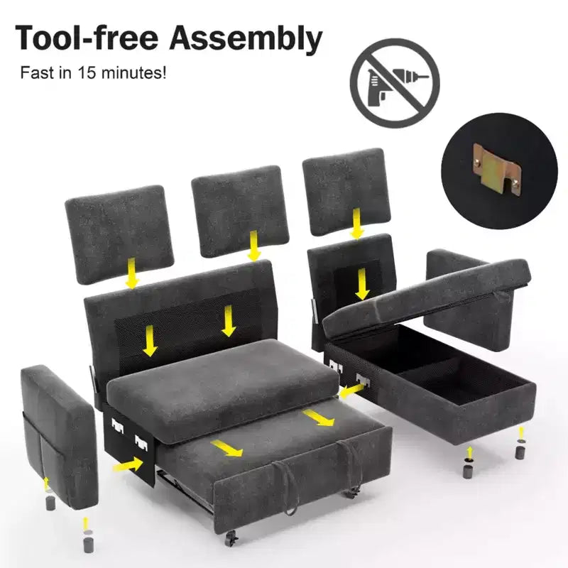 Divano letto estraibile 2 in 1 con chaise longue contenitore, divano sezionale in ciniglia con porte USB per soggiorno