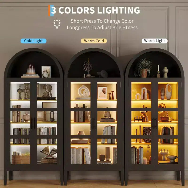 Mobiletto contenitore, Nero/Bianco, Stile ad arco, Singolo, Alto 71 con Luci LED e Ante in Vetro
